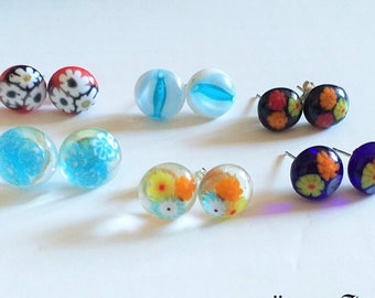 Murano glass stud Millefiori earrings/mum's day gift/Blue Murano glass/Fused glass floral earrings/gift for her/murano earrings/stud jewelry