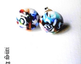 Boucles D'oreilles Fleurs Bleues En Verre Millefiori - 17mm - Pièce Unique - Neuf Avec étiquettes