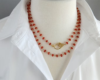 Long Red Necklace with Pave Clasp / Gold Necklace / Agate Beaded Gemstone Jewelry / Elegant Gift for Her