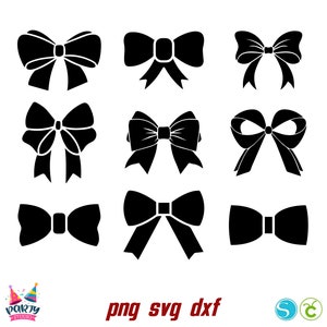 May include: Set of nine black bow and ribbon silhouette icons. The icons are in various styles, including classic bows, ribbon bows, and a bow tie.