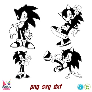 May include: Four black and white silhouette images of Sonic the Hedgehog in different poses. The images are for digital download and can be used for crafting projects.