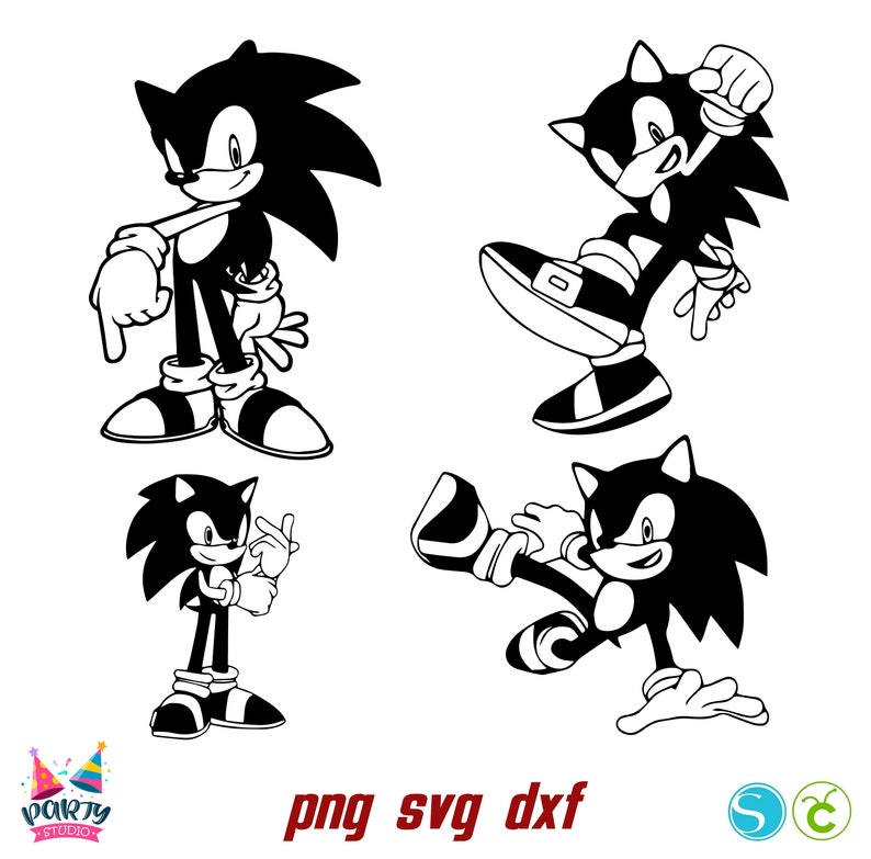 May include: Four black and white silhouette images of Sonic the Hedgehog in different poses. The images are for digital download and can be used for crafting projects.