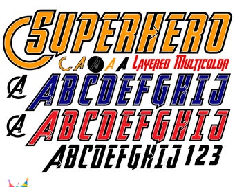 Letras de super-heróis Svg Cricut, Fonte de super-herói Otf, Camisa de bebê DIY, Fonte de bebê Svg, Letras em camadas svg Super-herói Svg, Letras de super-heróis Svg