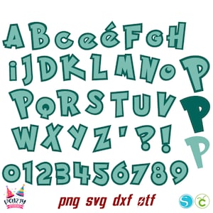 May include: A teal green alphabet with bold, cartoon-style letters and numbers. The letters are uppercase and include a lowercase 'e' with an accent. The numbers are 0-9.