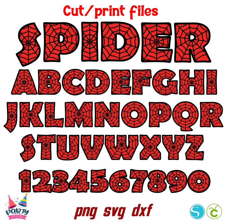 Op de afbeelding: Een complete set alfabet en cijfers in een dikke lettertype. Elke letter en elk cijfer is rood met een zwart spinnenwebontwerp, perfect voor thema-ambachten. De woorden "Cut/print files" staan bovenaan.