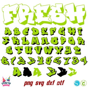 May include: A green and black graffiti-style alphabet and number font set. The letters and numbers are outlined in black and have a 3D effect. The word "FRESH" is displayed in large letters at the top of the image.