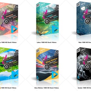 Puede incluir: Seis cajas coloridas con im&aacute;genes de insectos, lagos, lluvia, r&iacute;os, c&aacute;mara lenta y humo. Cada caja tiene un t&iacute;tulo y el texto "1080 HD Stock Videos".