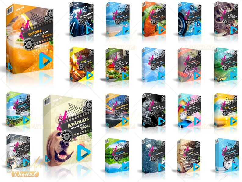 Puede incluir: Una colecci&oacute;n de 18 cajas coloridas con diferentes temas, cada una con un bot&oacute;n de reproducci&oacute;n y el texto "1000 v&iacute;deos HD de stock". Los temas incluyen bebidas, animaci&oacute;n, coches, animales y m&aacute;s.