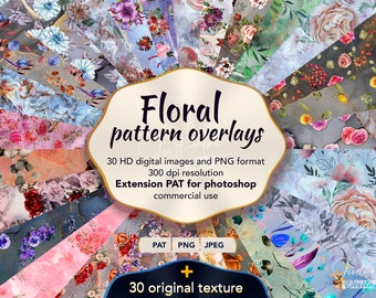 The seamless floral overlay includes digital flower patterns and transparent PNG files. Photoshop PAT Plugin with Liquid Alcohol Ink