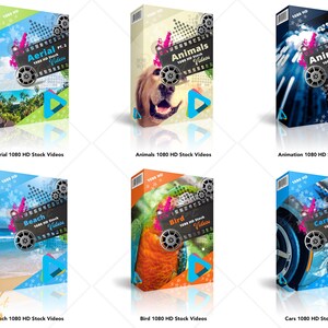 Puede incluir: Seis cajas coloridas con im&aacute;genes de diferentes temas, cada una etiquetada con una categor&iacute;a y "1080 HD Stock Videos". Las categor&iacute;as son: Aerial, Animals, Animation, Beach, Bird y Cars.