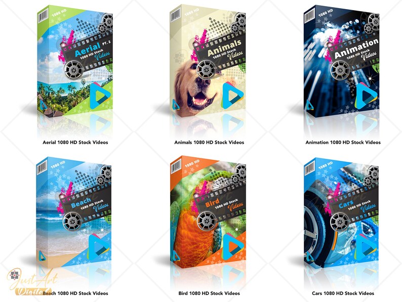 Puede incluir: Seis cajas coloridas con im&aacute;genes de diferentes temas, cada una etiquetada con una categor&iacute;a y "1080 HD Stock Videos". Las categor&iacute;as son: Aerial, Animals, Animation, Beach, Bird y Cars.
