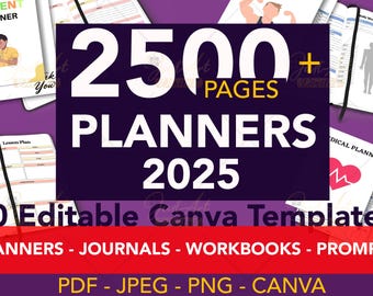 2025 Digital Planner Bundle, 60 Editable Canva Templates | Planners | Newspapers | Workbooks | Prompts