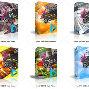 Puede incluir: Seis cajas coloridas con un icono de bot&oacute;n de reproducci&oacute;n y el texto "1080 HD Stock Videos" en cada caja. Las cajas est&aacute;n etiquetadas con las categor&iacute;as: Gato, Bebidas, Selecci&oacute;n del editor, Fuegos, Comida y Hielo.