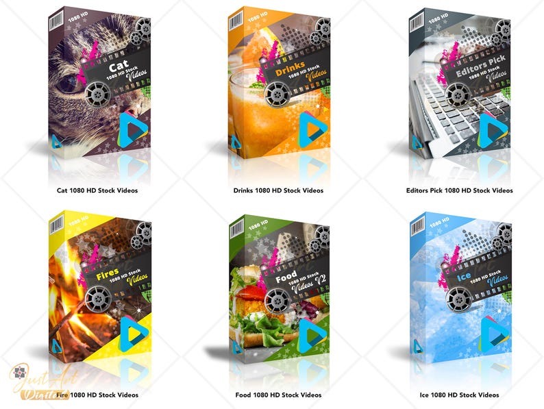 Puede incluir: Seis cajas coloridas con un icono de bot&oacute;n de reproducci&oacute;n y el texto "1080 HD Stock Videos" en cada caja. Las cajas est&aacute;n etiquetadas con las categor&iacute;as: Gato, Bebidas, Selecci&oacute;n del editor, Fuegos, Comida y Hielo.