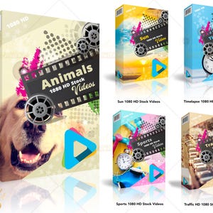 Puede incluir: Cinco cubiertas de caja coloridas para videos de stock 1080 HD. Las cajas presentan una variedad de temas, que incluyen animales, sol, lapso de tiempo, deportes y tr&aacute;fico. Cada caja tiene un icono de bot&oacute;n de reproducci&oacute;n y el texto "1080 HD Stock Videos".