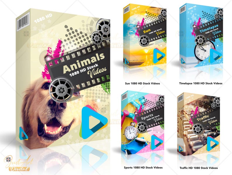 Puede incluir: Cinco cubiertas de caja coloridas para videos de stock 1080 HD. Las cajas presentan una variedad de temas, que incluyen animales, sol, lapso de tiempo, deportes y tr&aacute;fico. Cada caja tiene un icono de bot&oacute;n de reproducci&oacute;n y el texto "1080 HD Stock Videos".