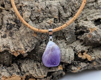 Cork necklace with amethyst pendant, 925 silver