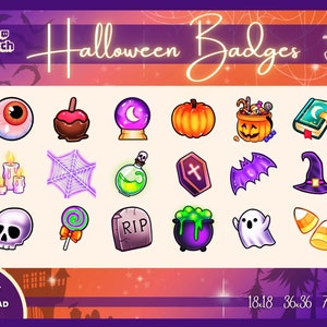 Könnte beinhalten: Ein Set mit 16 Halloween-bezogenen Twitch-Badges mit verschiedenen gruseligen und niedlichen Symbolen, darunter ein Auge, ein Apfel, ein Kessel, ein Geist, ein Spinnennetz, ein Kürbis, ein Sarg, ein Hexenhut und Mais. Die Badges sind in drei Größen erhältlich: 18x18, 36x36 und 72x72 Pixel. Der Text "Halloween Badges" befindet sich oben im Bild, und der Text "albalou Art" befindet sich oben rechts im Bild.