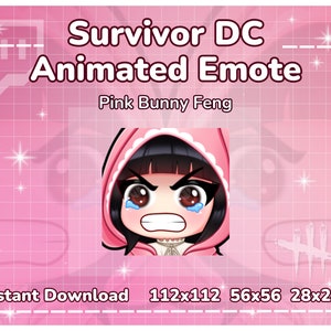 Könnte beinhalten: Animiertes Emote für das Spiel Dead by Daylight, mit einer pinken Hasenversion des Charakters Feng Min. Das Emote zeigt Feng Min mit einem überraschten Ausdruck und einer einzelnen Träne, die ihr über die Wange läuft. Der Text "Survivor DC Animated Emote" und "Pink Bunny Feng" ist oben im Bild sichtbar. Der Text "Instant Download 112x112 56x56 28x28px" ist unten im Bild sichtbar.