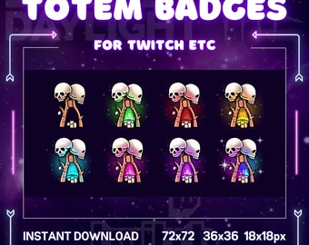 May include: Eight different colored digital badges featuring a pair of skulls on a totem pole. The badges are in various colors including green, red, yellow, blue, purple, pink, and white. The text "TOTEM BADGES FOR TWITCH ETC" is at the top of the image. The text "INSTANT DOWNLOAD 72x72 36x36 18x18px" is at the bottom of the image.