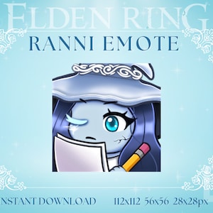 May include: A blue and white digital illustration of a character from the video game Elden Ring. The character is a young woman with blue hair and a white hat. She is holding a pencil and a piece of paper. The image is set against a light blue background with the text "ELDEN RING" and "RANNI EMOTE" in white.