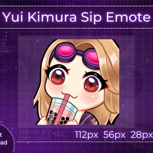 May include: Digital illustration of a cartoon character, Yui Kimura, sipping from a bubble tea. The character has blonde hair, pink-tinted glasses, and large red eyes. The image includes the text "Yui Kimura Sip Emote" and "Instant Download".
