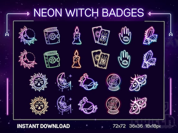 Neon Witch Aesthetic Badges | Cute Twitch Discord Badges | Sub Bit Badges
