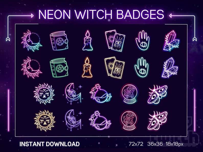 Pu&ograve; includere: Un set di 24 badge di strega al neon in vari colori, tra cui giallo, arancione, rosa, blu e verde. I badge presentano diversi simboli di strega, come una luna crescente, un libro con un pentagramma, una candela, carte dei tarocchi, una mano con un occhio, cristalli, un sole, una bottiglia di pozione, una sfera di cristallo e una falena. I badge sono disposti in una griglia su uno sfondo nero. Il testo "NEON WITCH BADGES" &egrave; nella parte superiore dell'immagine, e il testo "INSTANT DOWNLOAD" &egrave; nella parte inferiore dell'immagine. Il testo "72x72 36x36 18x18px" &egrave; anche nella parte inferiore dell'immagine.