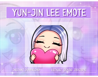 May include: A digital illustration of a cartoon character with purple hair holding a pink heart. The character has closed eyes and a happy expression. The background is a purple and white grid pattern. The text "YUN-JIN LEE EMOTE" is at the top of the image.