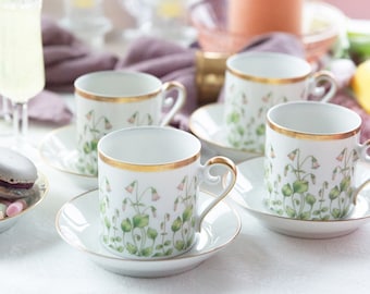 Vintage Hackefors Porcelain Espresso Cups: Linnaea Borealis, Hand-Painted Floral, Gold Trim, Made in Sweden