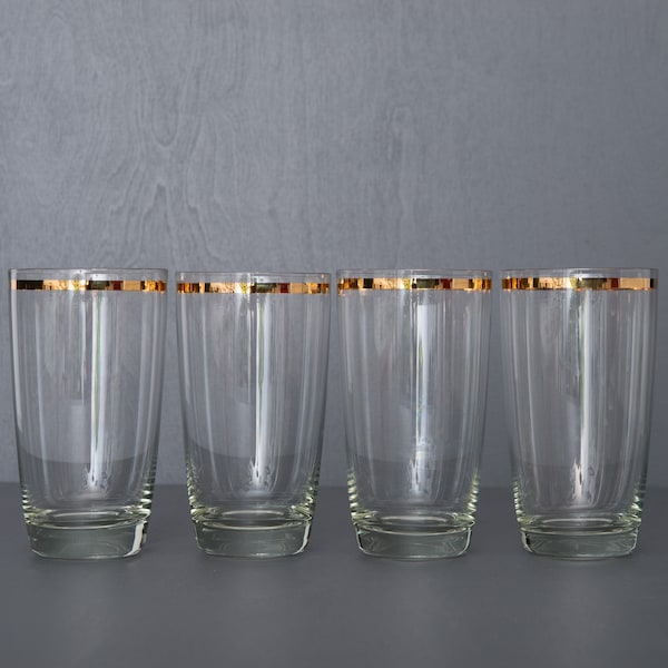 4 Large Vintage Drinking Glasses, Gold Rim Tumblers, Soviet Vintage