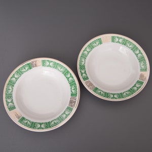 Vintage Poltava Porcelain Soup Plates: Green & Gold Retro Tableware (Set of 2)