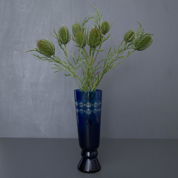 Cobalt Blue Glass Vase, Tall Vintage Vase, Retro Vase With See-Through Geometric Pattern
