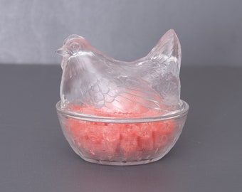 Vintage helderglazen kip-op-nest snoepschaal: paasdecor