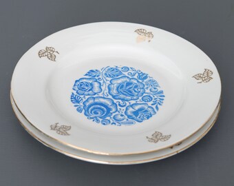 2 Retro Salad Plates, Ukrainian Vintage, Baranivka Porcelain Factory, Floral Pattern Blue and Gold