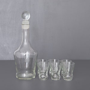 Vintage geëtste glazen karaf en 6 Schnapps-glazen, karafset voor sterke drank, jaren 1960 Vintage Barware, Bar Cart Essentials