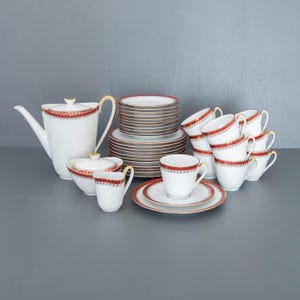 Vintage Porcelain Coffee Set for 10 People. Zeh Scherzer Porcelain Maker, Bavaria, Germany. Red and Golden Rim, Perfect for Christmas Party