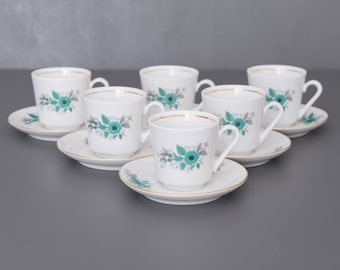 Vintage Kahla Demitasse Cups & Saucers: Teal Floral Espresso Set