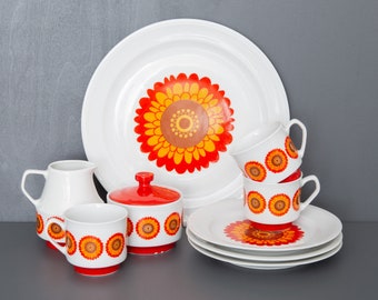 Chodziez Poland Retro Tableware, 1960s Floral Hippie Pattern, Fun Tableware For A Family Of Three, Vintage Porcelain