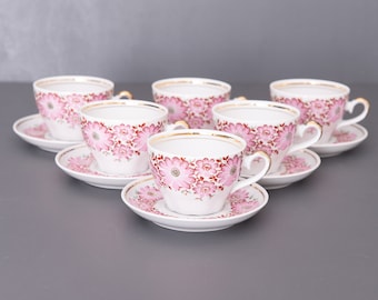 6 Latvian Vintage Cups with Saucers. Riga Porcelain Factory. Retro Tea/Coffee Set from 1970s. Pink Floral Vintage Tableware