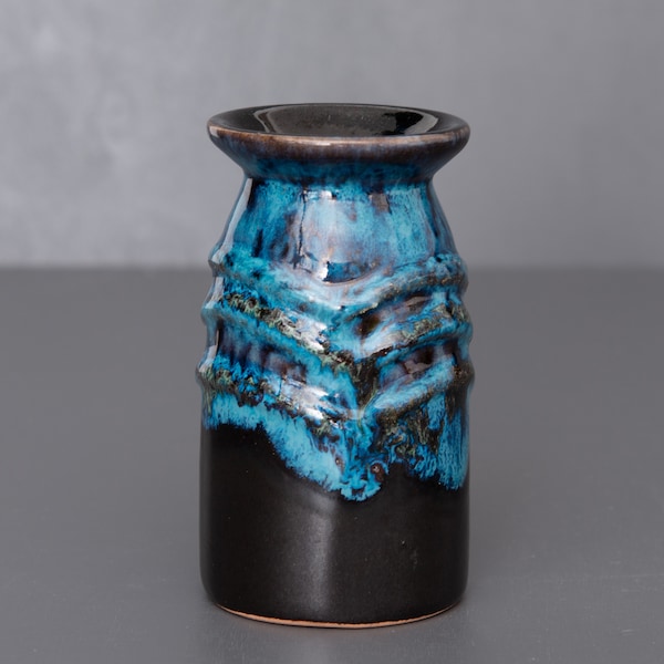 Small Strehla Ceramic Vase, Vintage GDR Pottery, Brown and Blue Lava Glazed Tiny Vase, 1960s Stehla Keramik