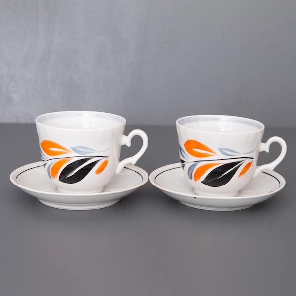 2 tasses en porcelaine Baranivka avec soucoupes, usine de porcelaine Baranivka Ukraine, tasses à thé / café à la conception florale peintes à la main noir-gris-orange