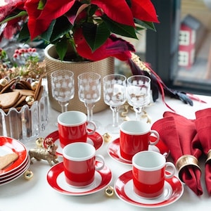 Vintage Espresso Trios from Karolina Porcelain of Poland, In Mint Condition. Quirky Red & White Coffee Sets with Cup, Saucer and Cake Plate