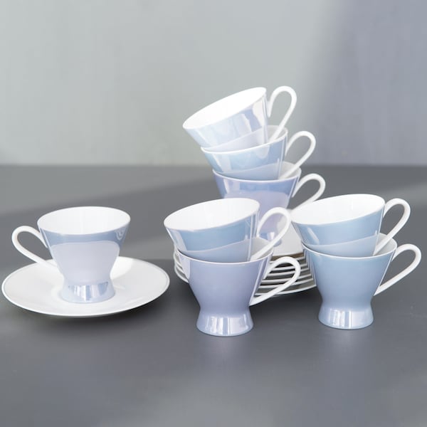 8 Rosenthal Form 2000 Flieder Perlmutt (Lilac Mother of Pearl) Coffee Cups. 1950s Modernist Tableware, Designer Raymond Loewy