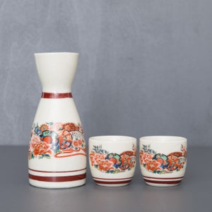 Japanese Porcelain Sake Set, Pitcher an Two Cups, Hand Painted Vintage Set