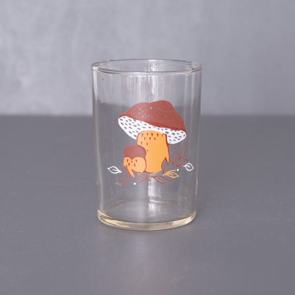 Children's Vintage Drinking Glass with Mushroom Picture, Soviet Era Estonia 1980s, Tarbeklaas