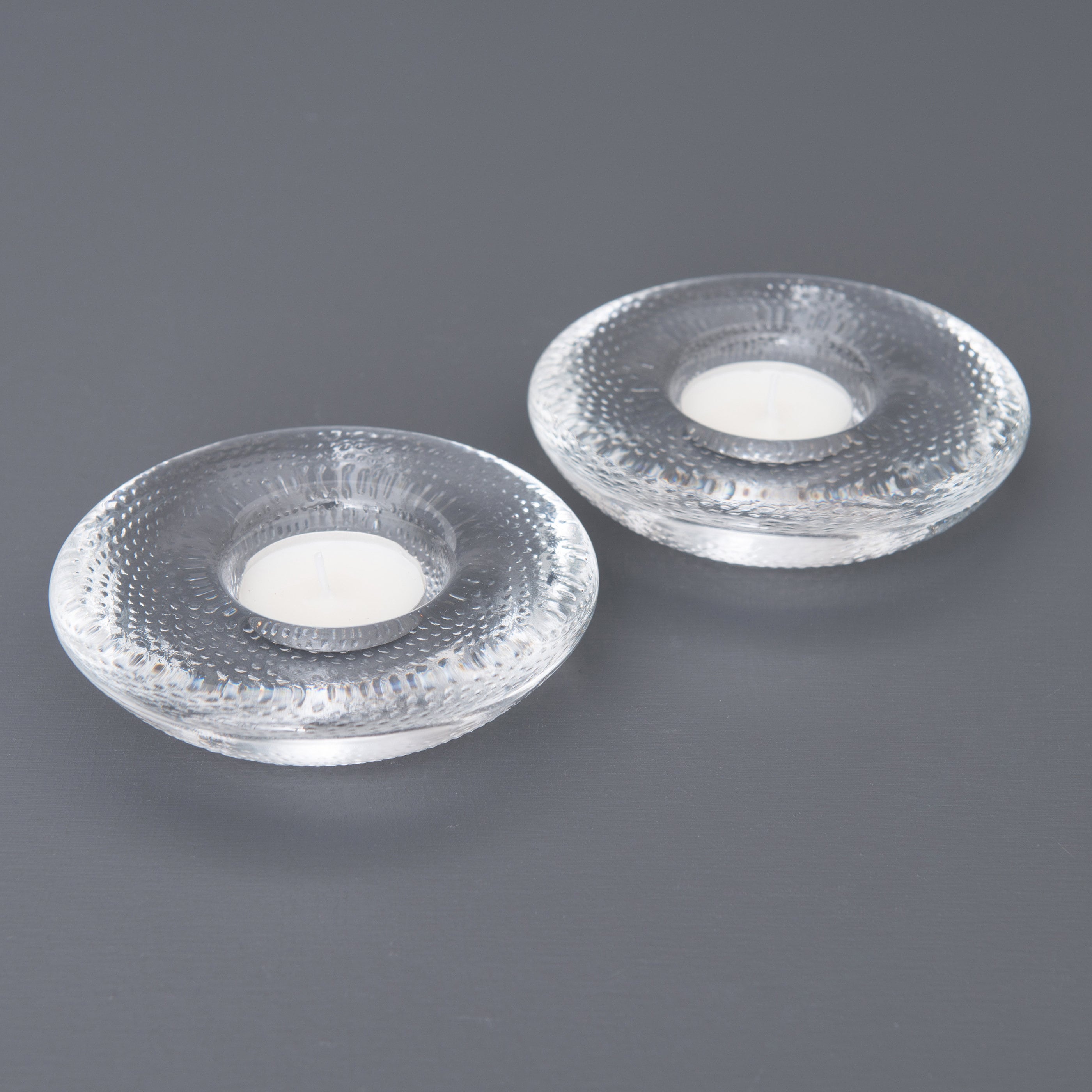 2 Iittala "Nappi" Tealight Holders, Markku Salo Design, Clear Glass Candlestick, Finnish Glass Art