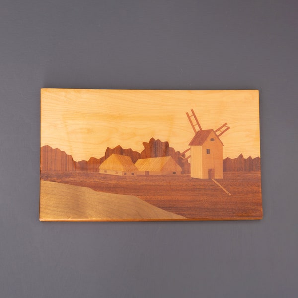 oeuvre de collage de bois vintage. Tenture murale laquée, paysage de campagne avec ferme, moulin à vent et champs. Intérieur rétro des années 1970