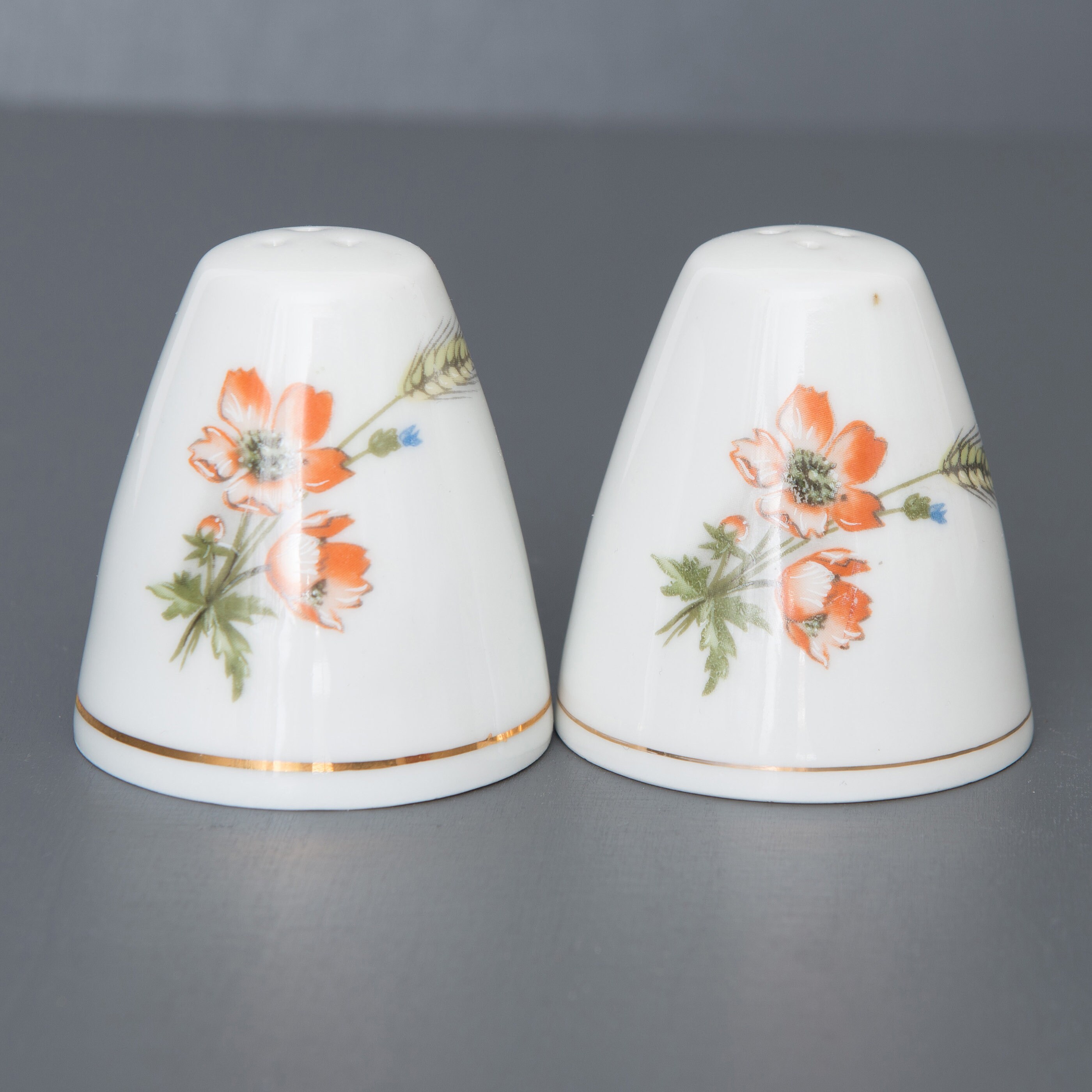 セラミック製ソルト＆ペッパーシェーカーセット、ヴィンテージ磁器、花