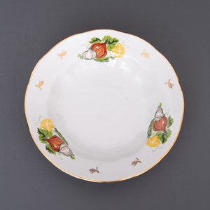 Retro Porcelain Soup Plate with Vegetable Design and Gold Trim, Riga Porcelain Factory, Vintage Tableware, Old Fashioned Dinnerware